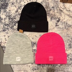 PINK Beanie Hat Trio - Black, Gray, Pink